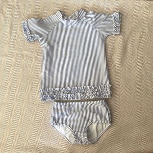 Blue and white seersucker Ruffle Butts girls 2 piece swim suit; size 6; EUC